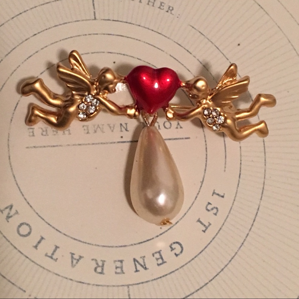 Cupid heart pearl pin brooch delicate kids Angel